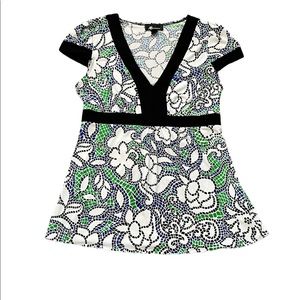 AB Studio - Tie-back, baby-doll blouse - Black/White/Green/Blue - Size: Medium